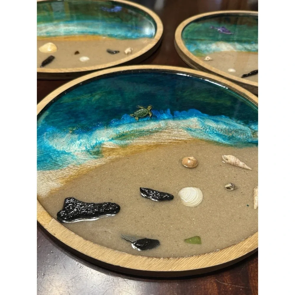 Handmade Resin Beach Tray Ocean Vibes ‎ Epoxy Art   Decor Lot Of 3